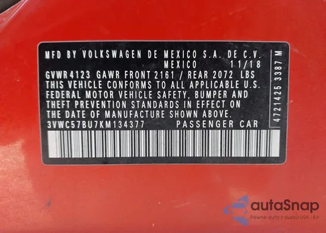 2019 Volkswagen Jetta 1.4T R-Line/1.4T S/1.4T Se z USA, uszkodzony, nr VIN 3VWC57BU7KM134377